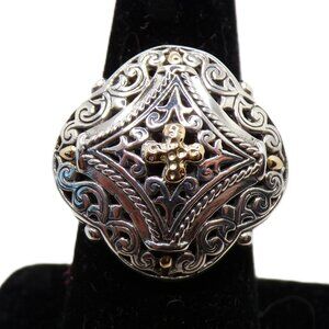 Bold Ornate Statement Ring – 925 Sterling Silver with Gold Accents (Size 8)